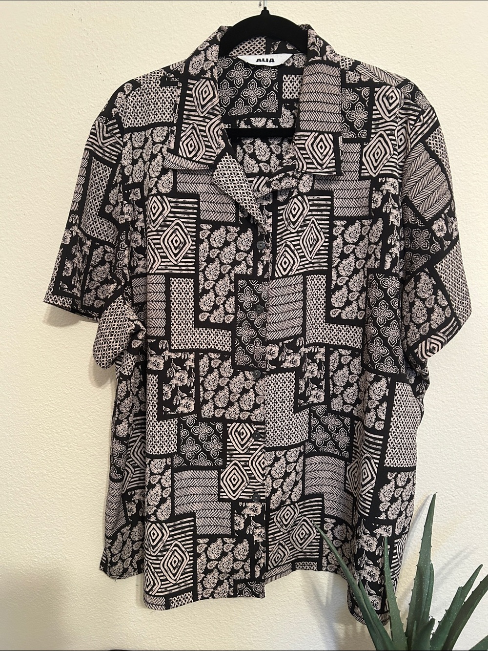 Alia Black & White Geometric Patchwork Button-Down Shirt